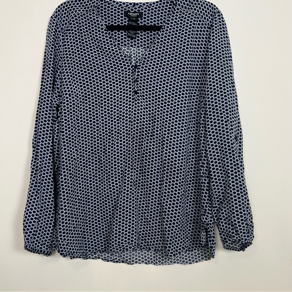 Olsen Europe Navy White Geometric Pattern Long Sleeve Blouse Top V-Neck Size Lg